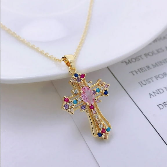 Vintage Gold Zircon Cross Pendant Necklace Unique Valentines Gift for Her