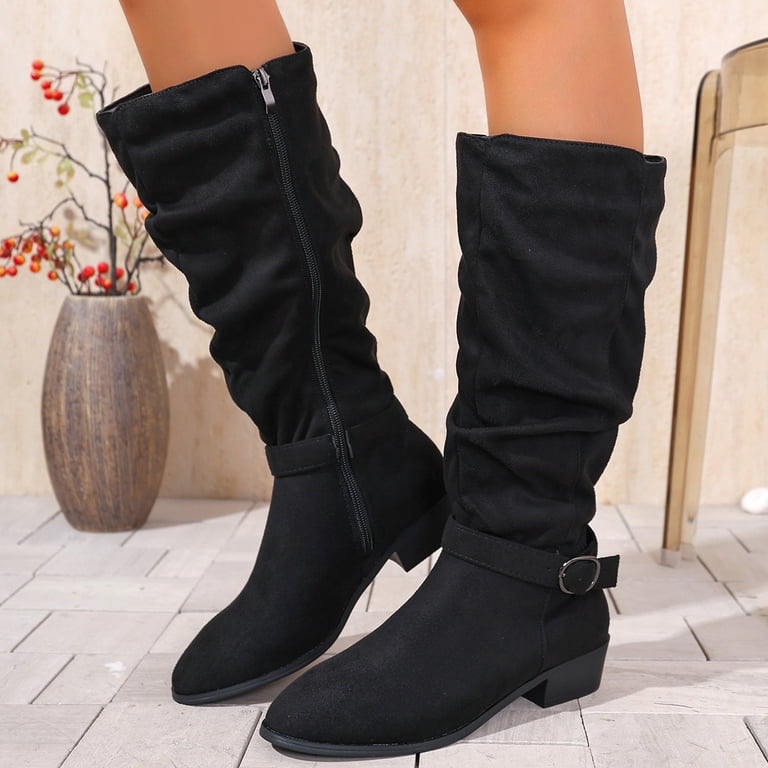 Oyedens Slouchy Suede Knee High Dress Boots for Women Fashion Casual Buckle Low Heel Wide Calf Knee Length Tall Boots Black Size 6.5, Women's