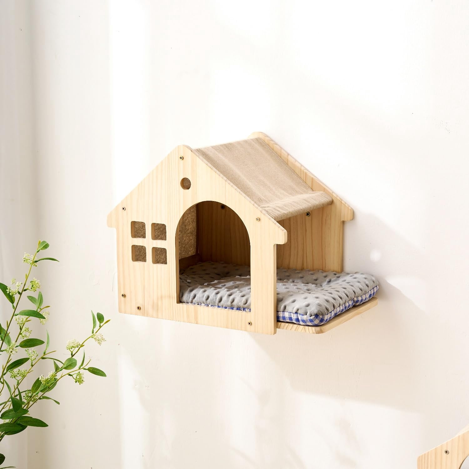 Wood Cat Wall Shelves Bed  2-pack Wall-mounted Box Condo House Perch Furniture With Washable Pillow Cushions