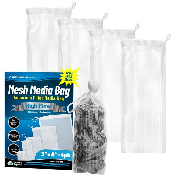 Aquatic Experts - High-Flow Mesh Media Filter Bags with Drawstring - Ideal for Aquarium Filtration, 4 Pack, 3" x 8"