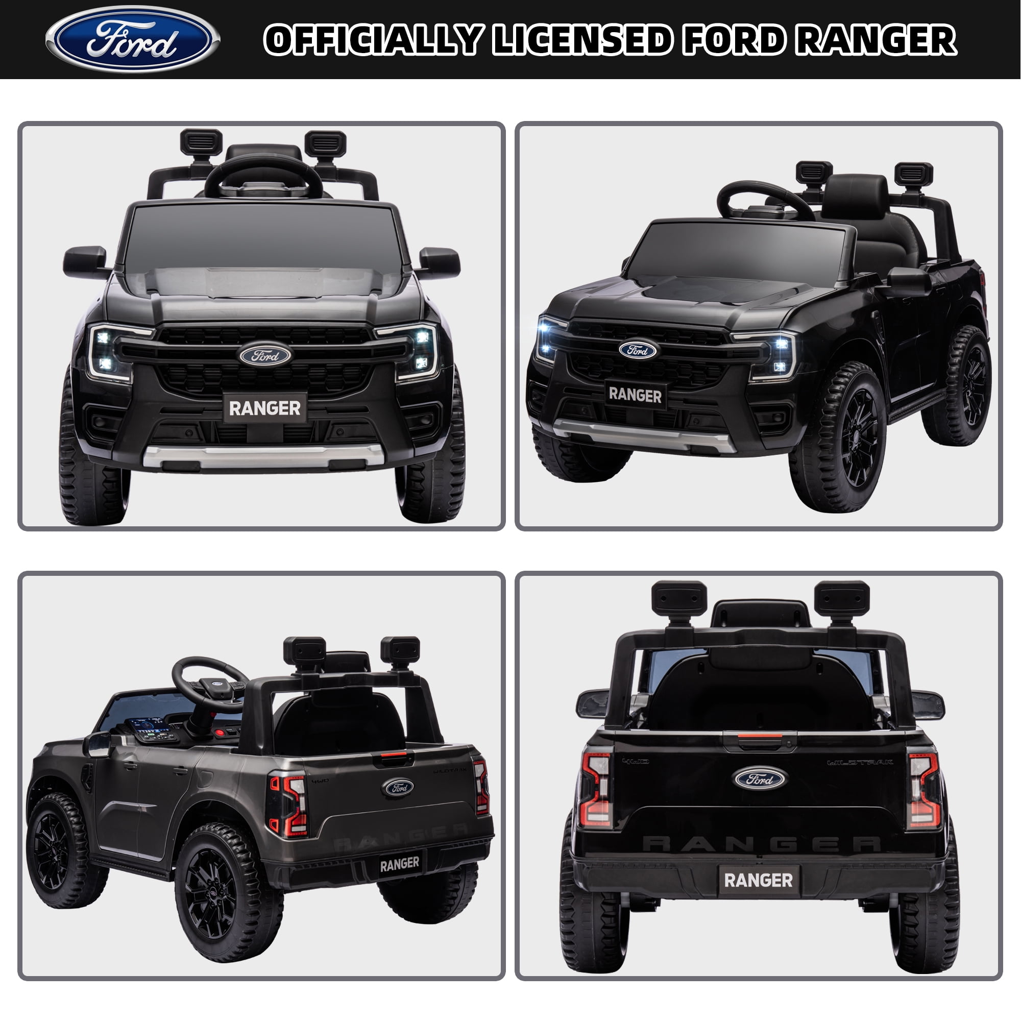 12V Powered Ride on Truck, Ford Ranger Ride on Toy Cars with Remote Control, Rear Wheels Suspension, Safety Belt, MP3 Player, Electric Ride on Cars for Kids Boys Girls 3-6 Ages, Black