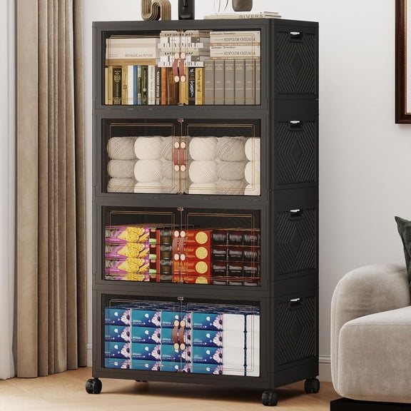 536QT Extra Large Stackable Storage Bins with Lids & Wheels & Door,Total 134Gal for 4-Tier set Foldable Collapsible Closet Organizers, Plastic containers drawers for bedroom Dorm