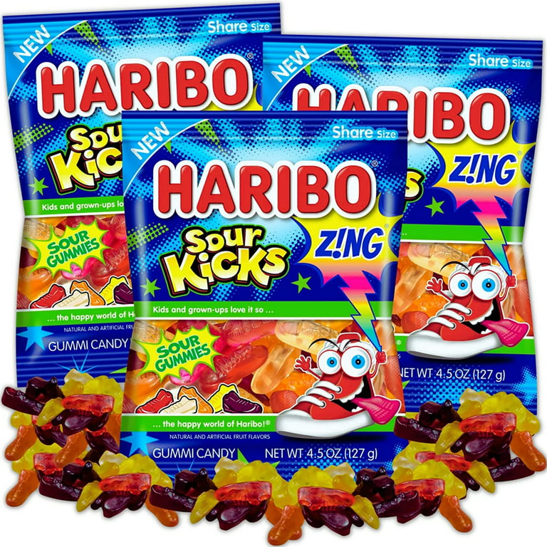 Gummy Candy Zing Sour Kicks Shareable Candies, Fruit Flavored Shoe Shaped Gummies, On The Go Snacks for Boys or Girls, 4.5 Ounce Share Bags, Pack of 3
