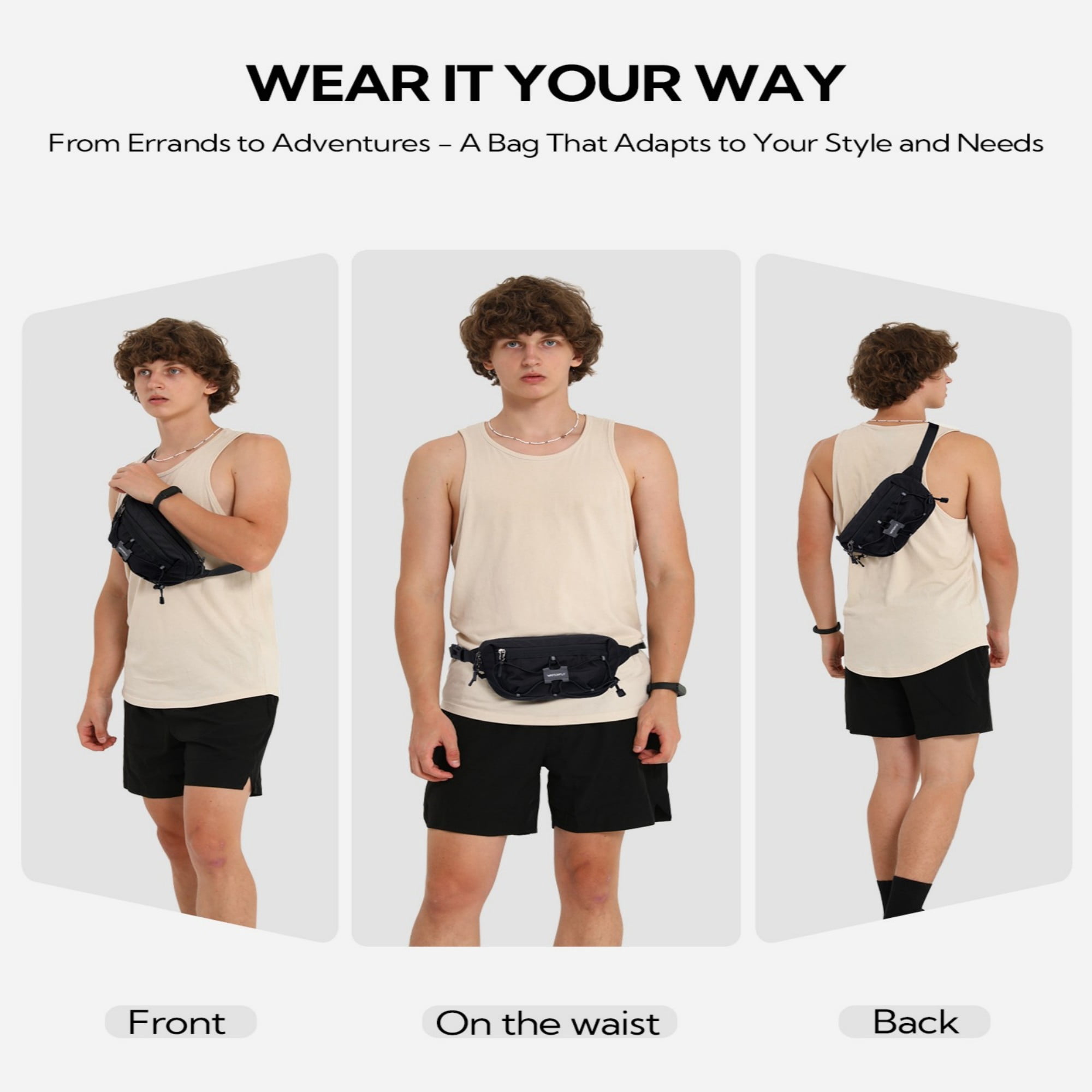 WATERFLY Unisex Anti Theft RFID Blocking Hiking Running Nylon Fanny Pack Waist Bag,Black