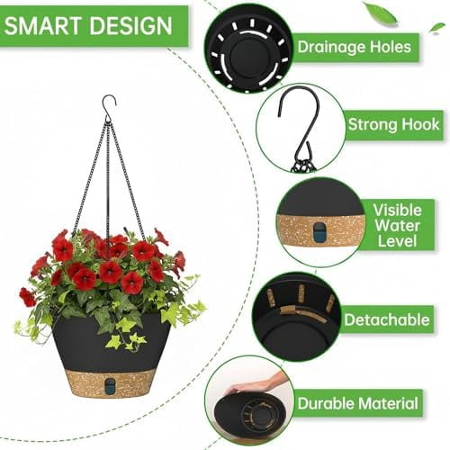 10 Inch Hanging Planters for Outdoor Plants, Hanging Pots for Plants Indoor with Visible Water Level, Hanging Flower Basket with Drainage Holes & Removable Tray(2 Pack, Gray)