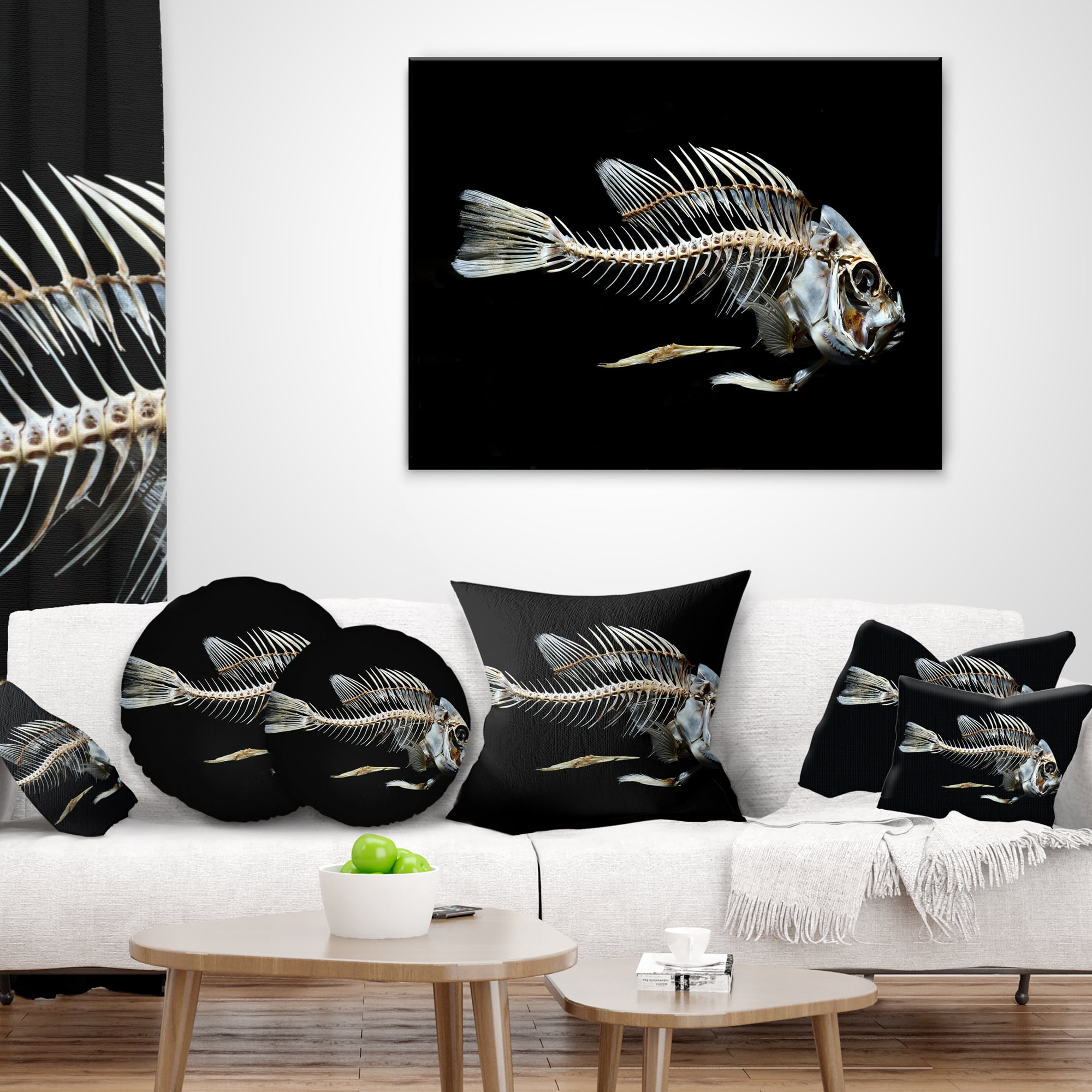 Designart Fish Skeleton Bone on Black - Animal Throw Pillow - 18x18