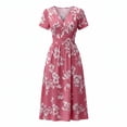 thumbnail image 7 of Bxsruta Women's Floral Print V Neck Short Sleeve Midi Dress Casual A Line Flowy Long Dress for Work Party Pull on Comfortable Elastic Waist Lightweight Everyday, 7 of 7