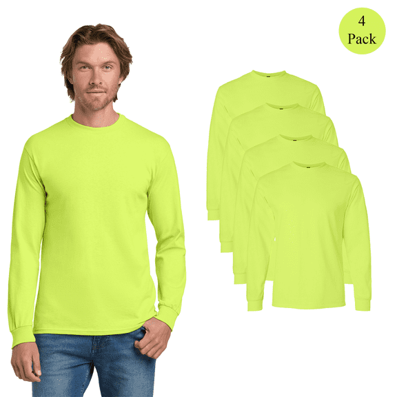 Gildan Adult’s Ultra Cotton Long Sleeve T-Shirt, Hi Vis Rib Cuffs Work Safety Green Tee, 4 Pack, S