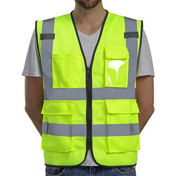 Dib Safety Vest Reflective ANSI Class 2, High Visibility Vest with Pockets and Zipper, Construction Work Vest Hi Vis Yellow XL