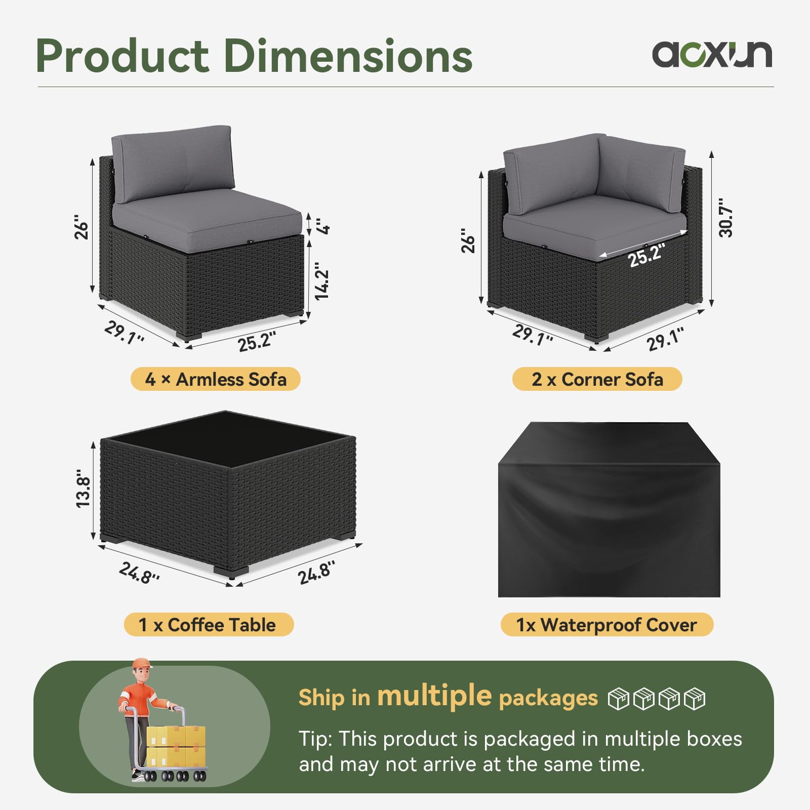 Aoxun 7 Piece Patio Furniture Set Wicker Rattan Patio Sectional Sofa Set Outdoor Seating Furniture with Thickened Cushion, Gray