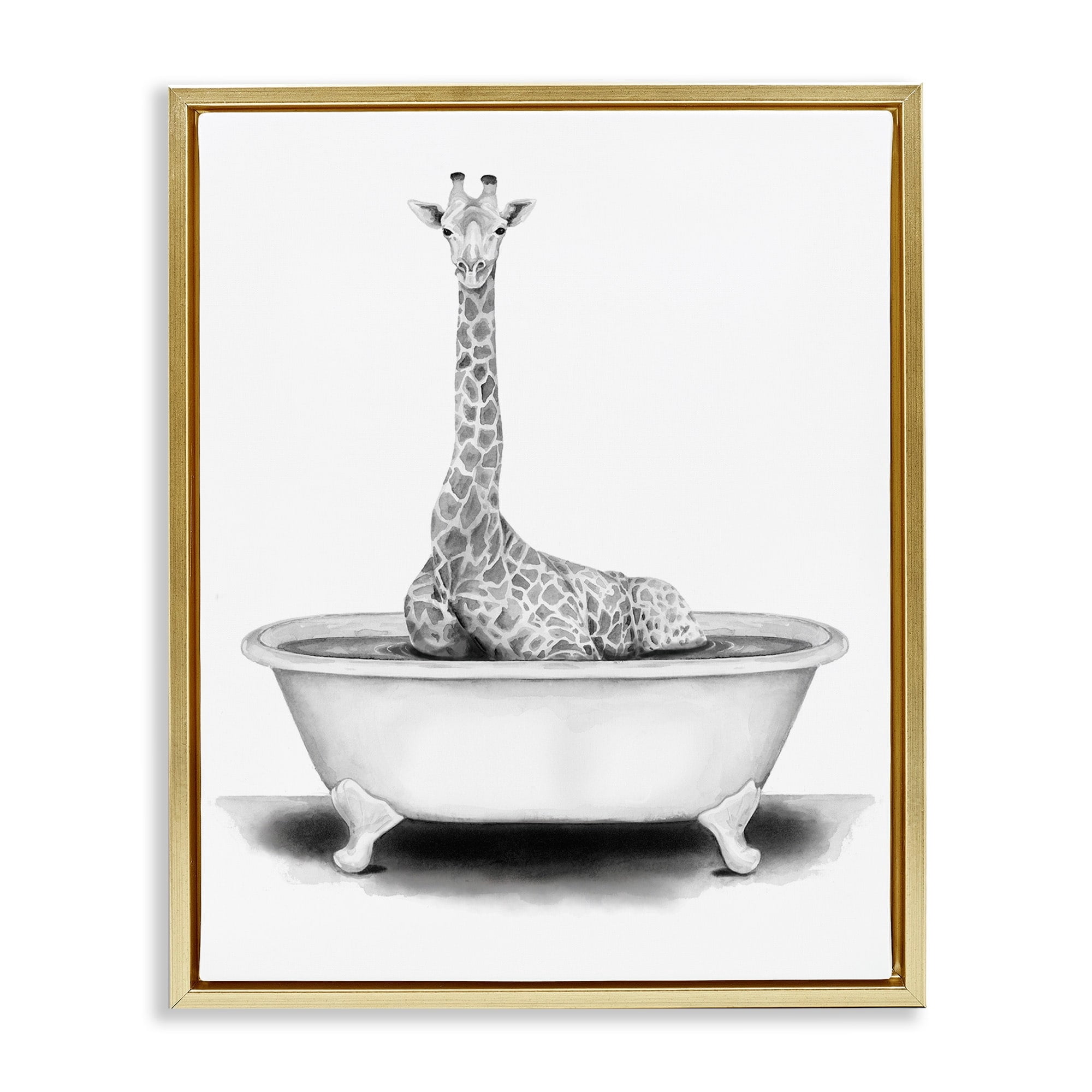 Stupell Industries Giraffe In A Tub Funny Animal Bathroom Drawing Metallic Gold Framed Floating Canvas Wall Art, 16x20, by Rachel Neiman