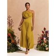thumbnail image 4 of Mustard Yellow One-Shoulder Pleated Waist A-Line Long Dress For Women, 4 of 6