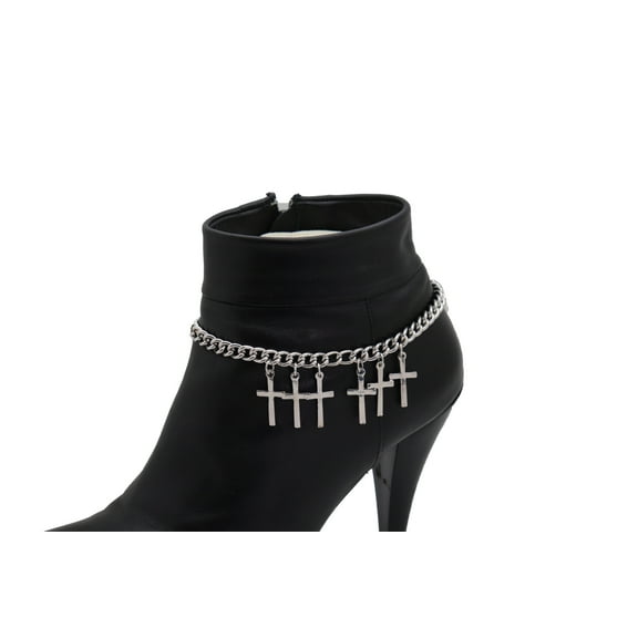 Women Silver Metal Chain Western Boot Bracelet Cross Charm Shoe