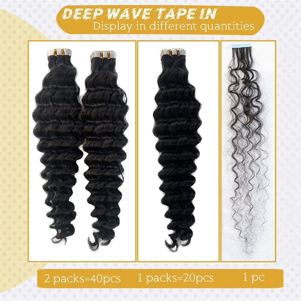 Tape In Real Human Hair Extensions 16-26 Inch Long Deep Wave Seamless Skin Weft Invisible Tape In Hair Extensions Natural Black Remy Human Hair