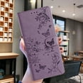 thumbnail image 4 of for iPhone 15 Flip Case with Credit Card Slots, Flower Butterfly Embossed PU Leather Shockproof Cash Pocket Protective Wrist Strap Kickstand Wallet Case Cover for iPhone 15, Purple, 4 of 7