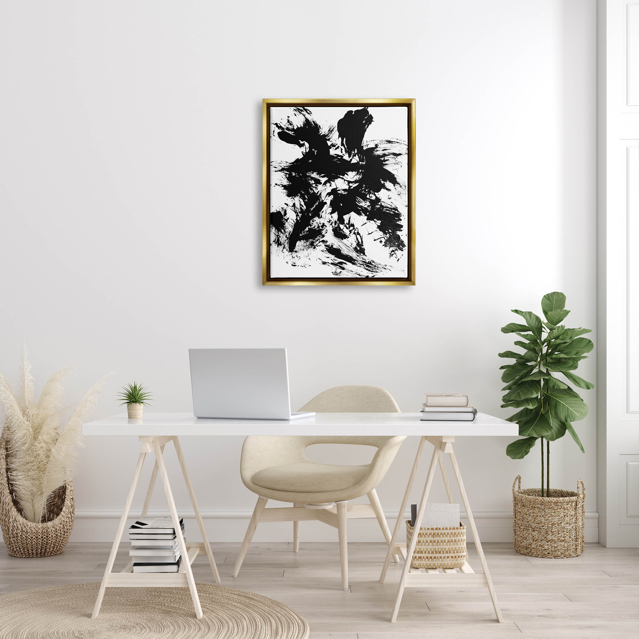 Contemporary Black Ink Strokes Abstract Graphic Art Metallic Gold Framed Art Print Wall Art