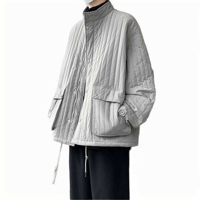 Men Jacket Solid Color Pockets Button -padded Clothes Three-dimensional Quilting Stand Collar -padded Clothes Coat with Pocket Gray XXXXXL