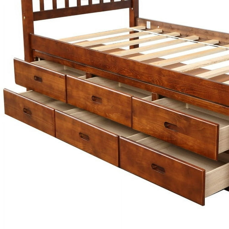 Twin Size Platform Storage Bed Solid Wood Bed with 6 Drawers Walnut