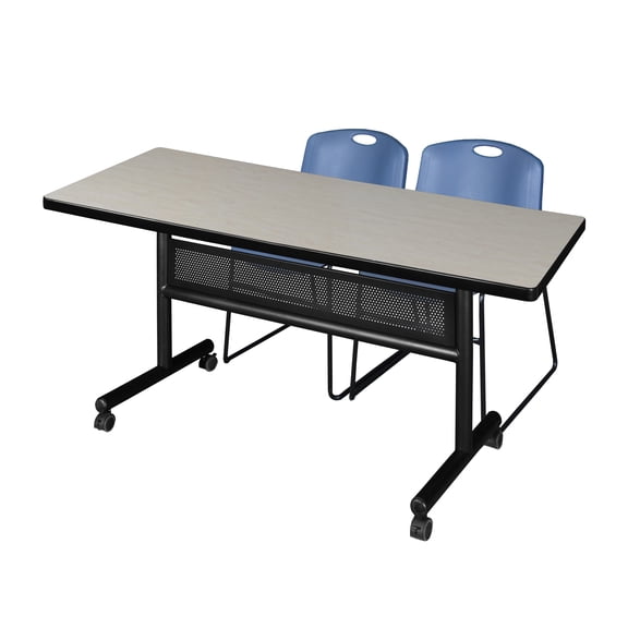 60" x 30" Flip Top Mobile Training Table with Modesty Panel- Maple and 2 Zeng Stack Chairs- Blue