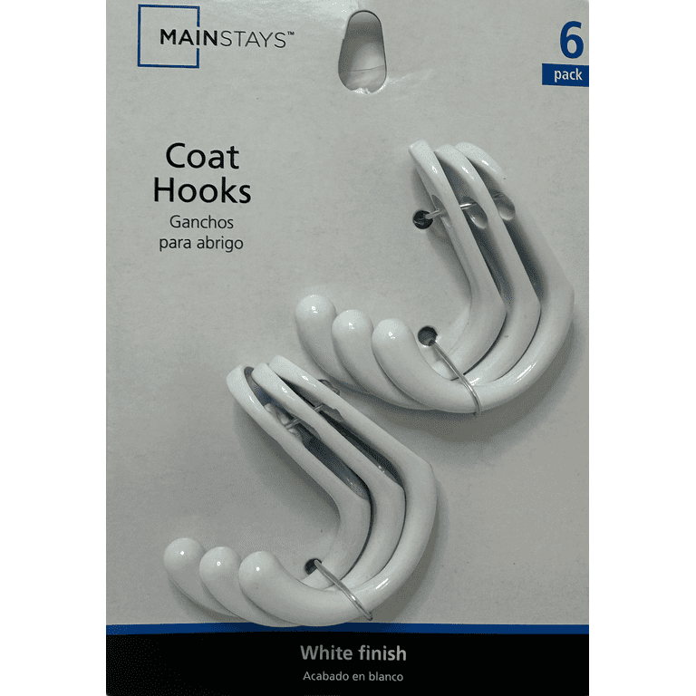 Mainstays, Single White Metal Hooks, 6 Pack, Mounting Hardware Included, 10  lb Working Limit