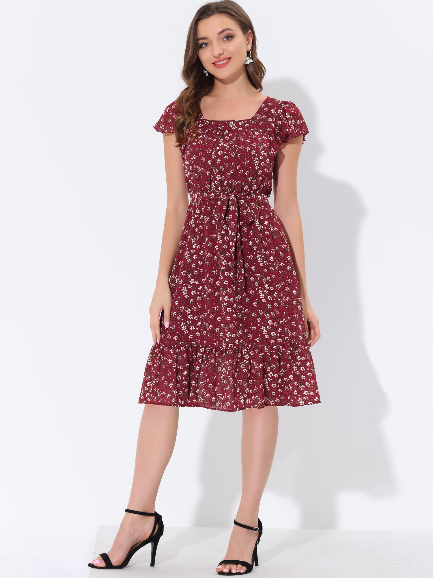 DARING DIVA Square Neck Flutter Sleeve A-Line Midi Dress S Burgundy