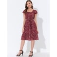 thumbnail image 2 of Vestido Dobladillo Con Volantes Aleteo Mangas Cuello Cuadrado Con Cinturón Para Mujeres Allegra K Vino Rojo M, 2 of 5