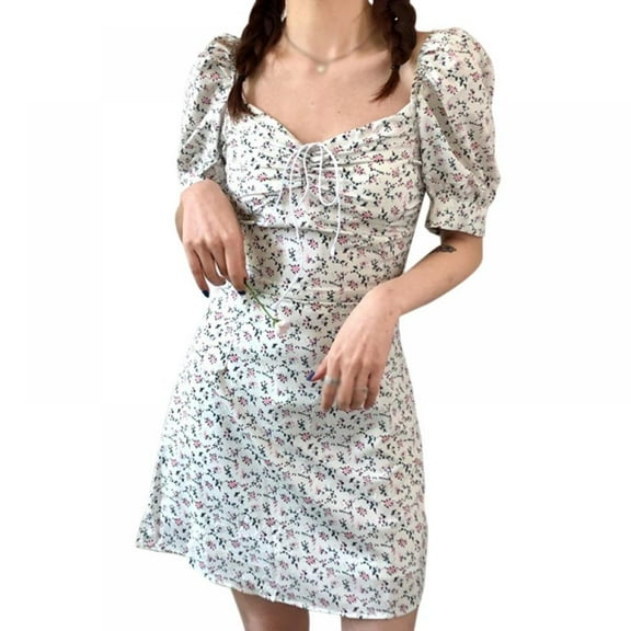 GOODLY Women's Retro Floral Square Collar Puff Short Sleeve Sexy Backless Dress