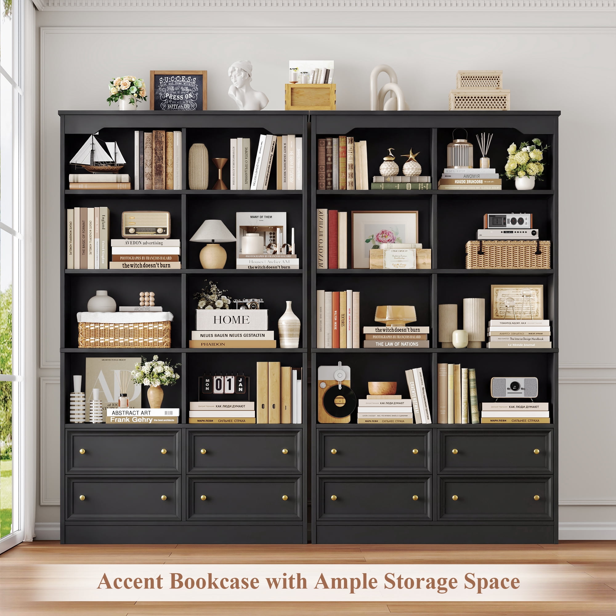 Homfa Double Row 6 Tier Bookcases, 71 in Tall Bookcase Bookshelf with 4 Drawers and 8 Display Cubicles, for Home Office Living Room, Black