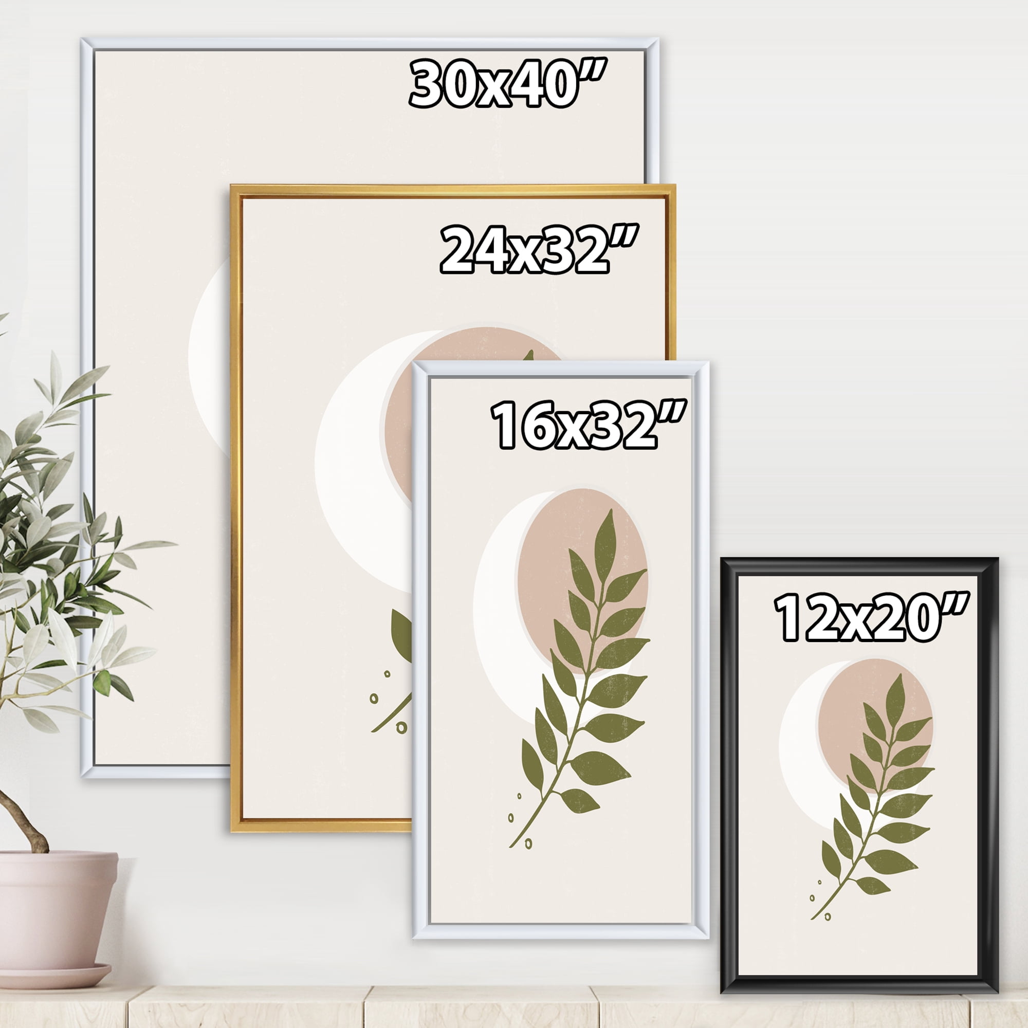 Designart 'Abstract Geometrical Leaf With Moon IV' Modern Framed Canvas Wall Art Print