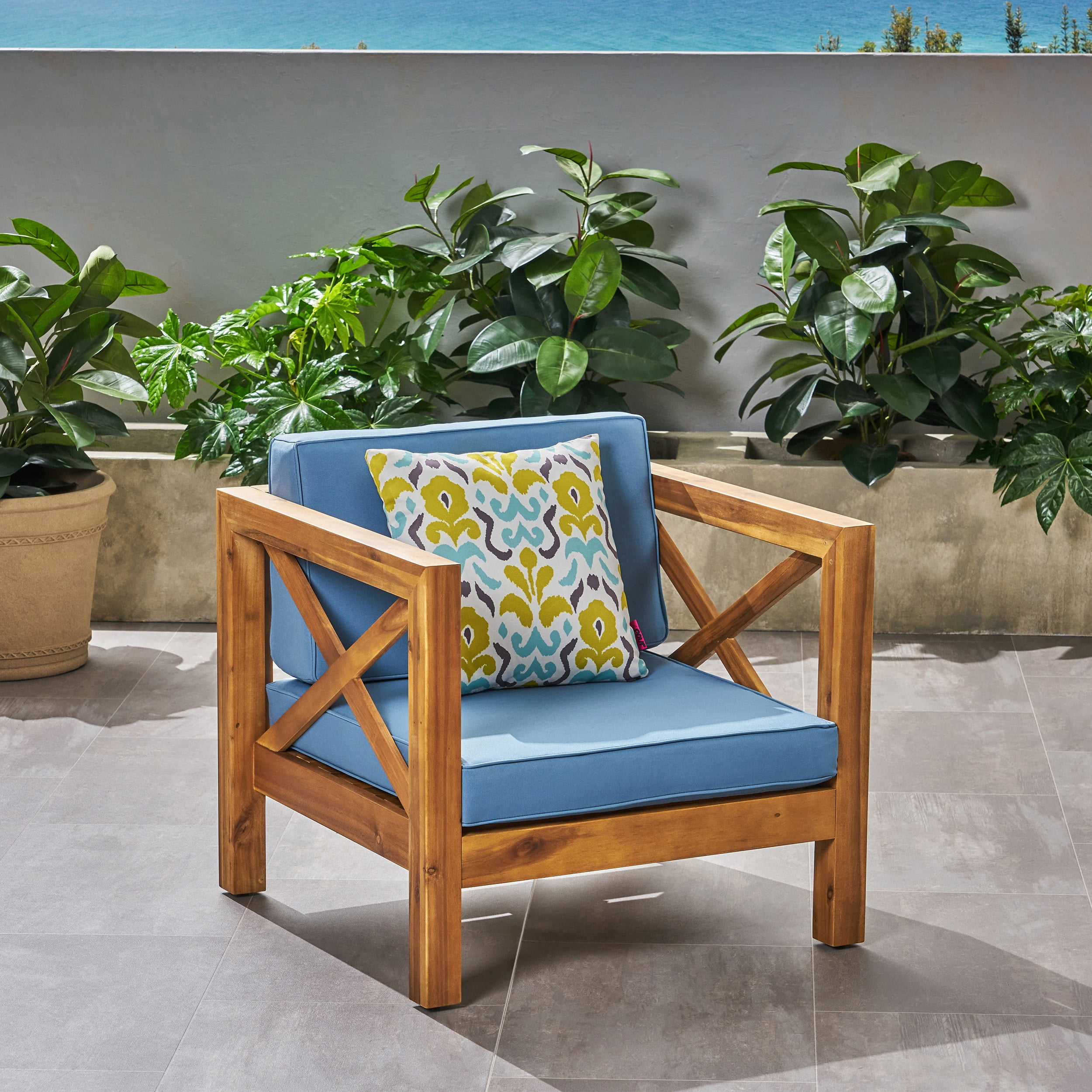 Outdoor Single Leisure Seat Chair, Acacia Wood Frame Relaxing Seat for Patio Garden, Blue