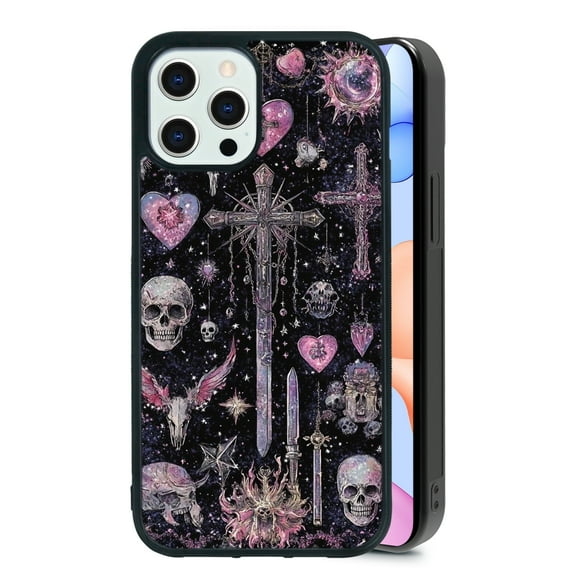 Cross Skull for iPhone 12 Pro Max Case, Cute Aesthetic Pink Fashion Skull Shock-Absorbent Protective,Black