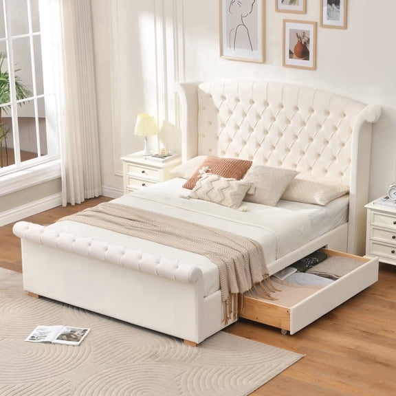 Zanmintaobo Queen Velvet Upholstered Bed Frame with 52"H Wingback Headboard,Button Tufted,Storage Drawer,No Box Spring Needed,Easy Assembly,Cream