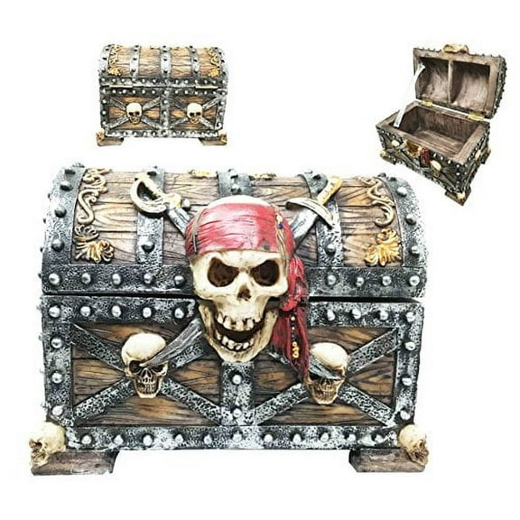 Large Caribbean Pirate Crossed Blades Skull Bandana Captain Marauder Hinged Jewelry Box Figurine Trinket Container