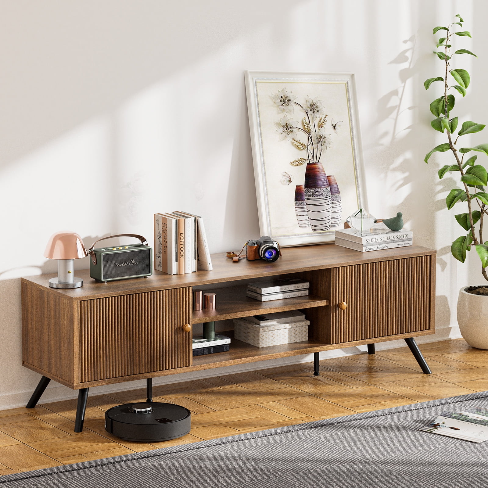 LUCKLIFE 59" Mid Century Modern TV Stand for TVs up to 65", Brown