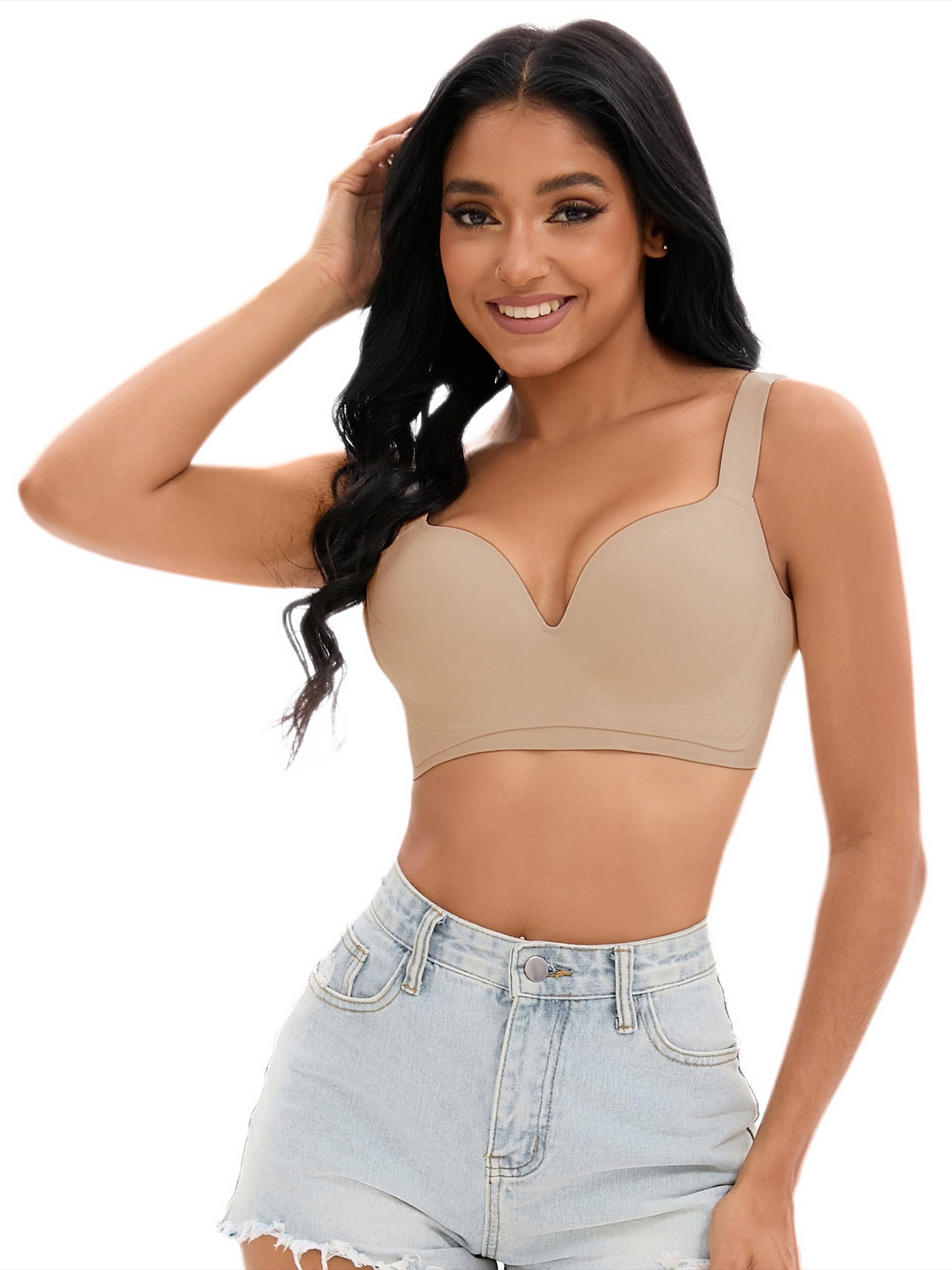 Unique Bargains Women's U Back Push Up Adjustable Straps Comfort Wirefree Bras C 36 Khaki