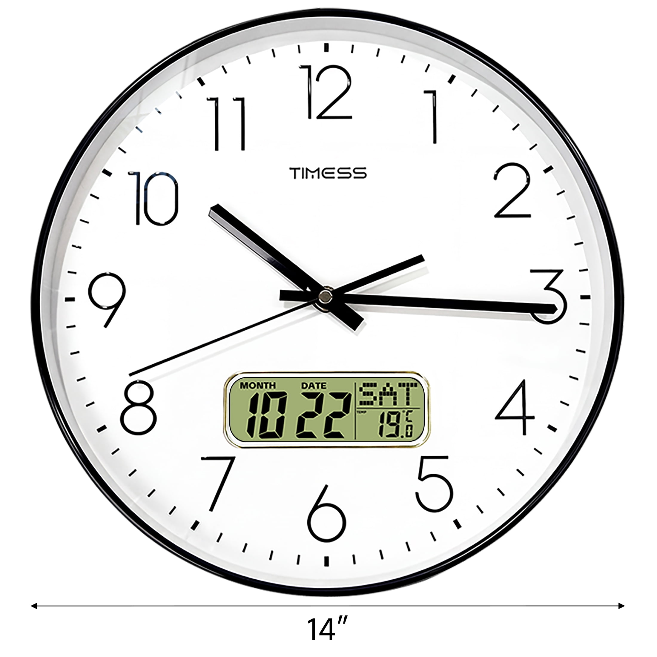 TIMESS 14 Inch Silent Wall Clock with Date Display, Large Easy-Read Numbers, Battery Operated, Modern Home Clock (Black)