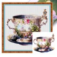 thumbnail image 1 of Hilo de bordar de algodón ecológico completo, Kit de punto de cruz de flores de taza de té de 14CT, 40x40cm, 1 of 9