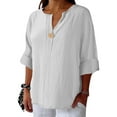 thumbnail image 4 of Kaemgyyd 3/4 Length Sleeve Womens Tops Solid Color Linen Casual Blouses Button V Neck T Shirts Fall Fashion Clothes, 4 of 7
