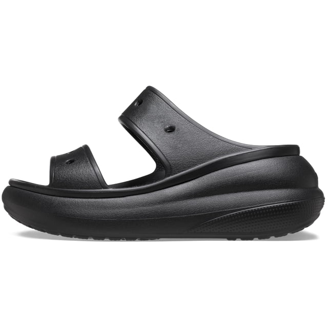 sandalia crocs classic crush, unisex, negra, plataforma, 7m/9w sandalia de plataforma negra de dos correas con suela elevada de 2.362 in, vista lateral derecha, silueta tipo zueco con plantilla acolchada y acabado texturizado; adecuada para uso diario y viajes cortos, compatible con dijes Jibbitz.