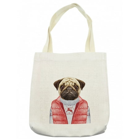 Pug Tote Bag  Red Vest and Christmas Sweater on a Dog Hand Drawn Animal Fun Image  Cloth Linen Reusable Bag for Shopping Books Beach and More  16.5  X 14   Cream  by Ambesonne