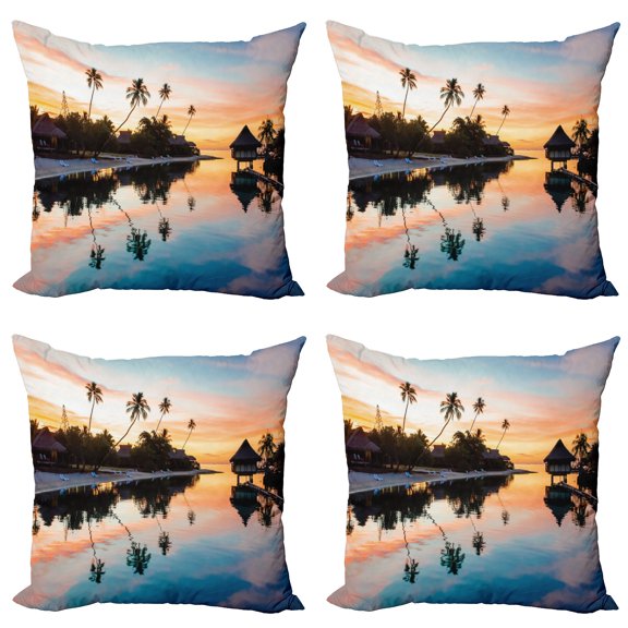 Ambesonne Landscape Throw Pillow Cover 4 Pack, Sunset Moorea Island, 16", Yellow Coral Blue