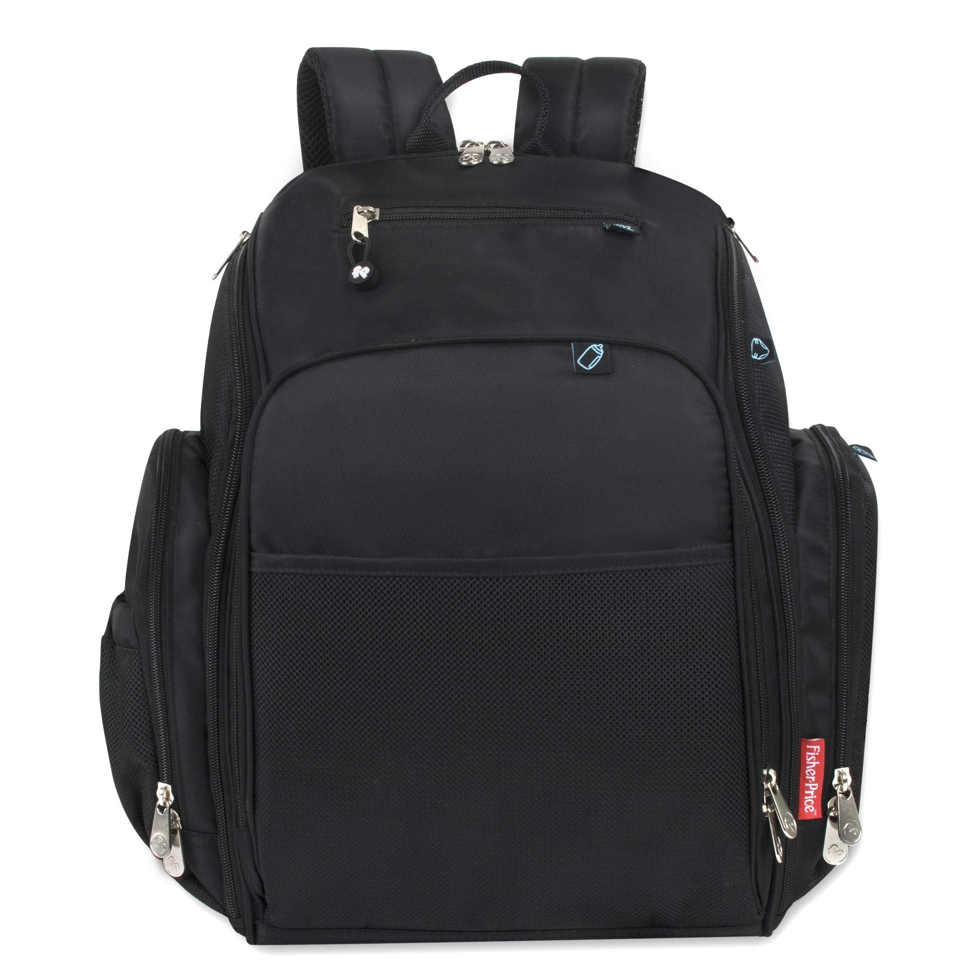 Fisher-Price Large Multi-Pocket Multifunction Kaden Baby Diaper Bag Backpack for Infant Boys & Girls with Insulated Bottle Pocket, Changing Pad, Wipes Dispenser in Unisex Black