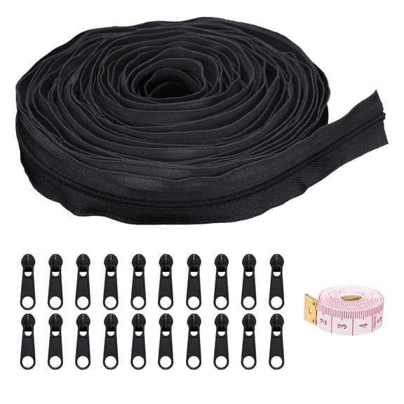 Uxcell #3 10 Yards Bulk Nylon Coil Zippers by the Yards with 20 Pcs Zippers Sliders and Ruler for Tailor Sewing, Black