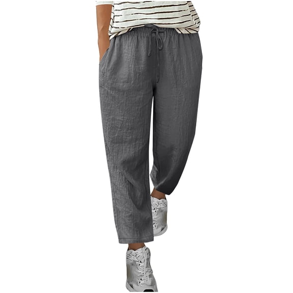 VSSSJ Cotton Linen Pants for Women Drawstring Elastic Waist Straight Leg Casual Pants Vacation Beach Versatile Comfortable Loose Fit Trousers Dark Gray S