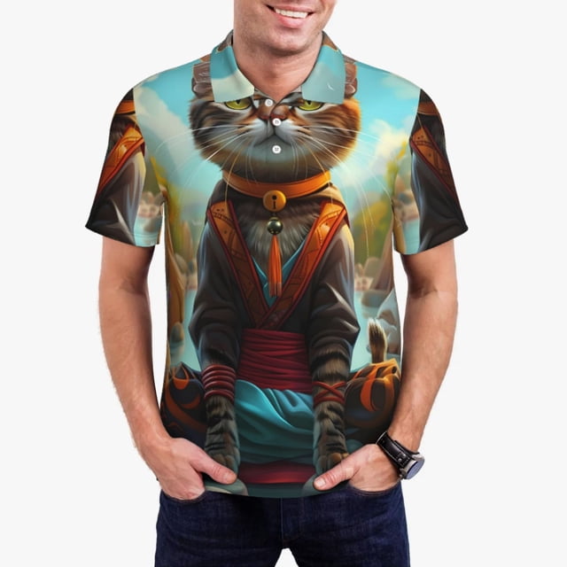 Lukts Riverside Meditating Cat pour Polos pour Hommes, Hauts à Boutons, T-shirts à Manches Courtes, Adaptés pour Affaires, Vacances, Loisirs Quotidiens-TG