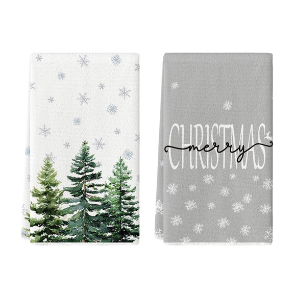 Sm:)e Snowflakes Christmas Kitchen Dish Towels, 18x26 Inch Winter Pine Trees Decoration Hand Towels Set of 2