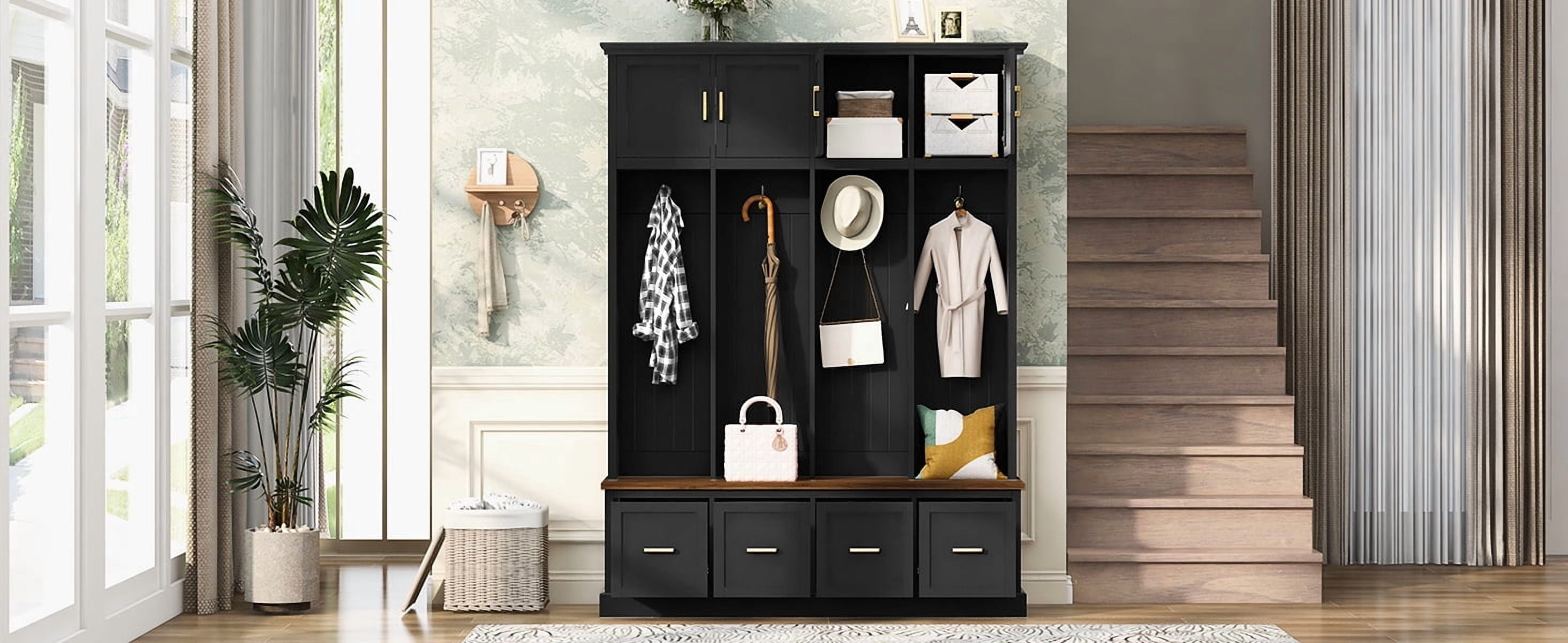 Mintazer 78” Tall Farmhouse Entryway Hall Tree with Coat Rack Hooks, Cabinets, Drawers & Shoe Storage Bench for Living Room, Bedroom, Hallway, Black