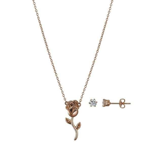 Believe by Brilliance Women's 14kt Gold Flash Plated Cubic Zirconia Rose Pendant Necklace and Stud Earring Set, 18 2" Extender