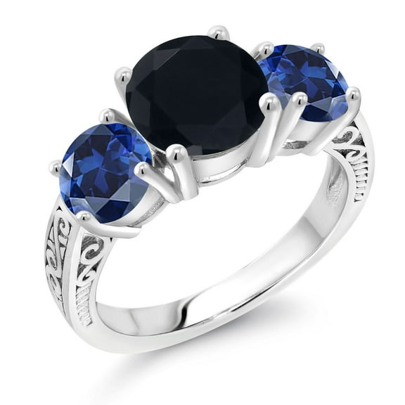 Gem Stone King 3.65 Ct Round Black Onyx Blue Created Sapphire 925 Sterling Silver 3-Stone Ring (Size 9)
