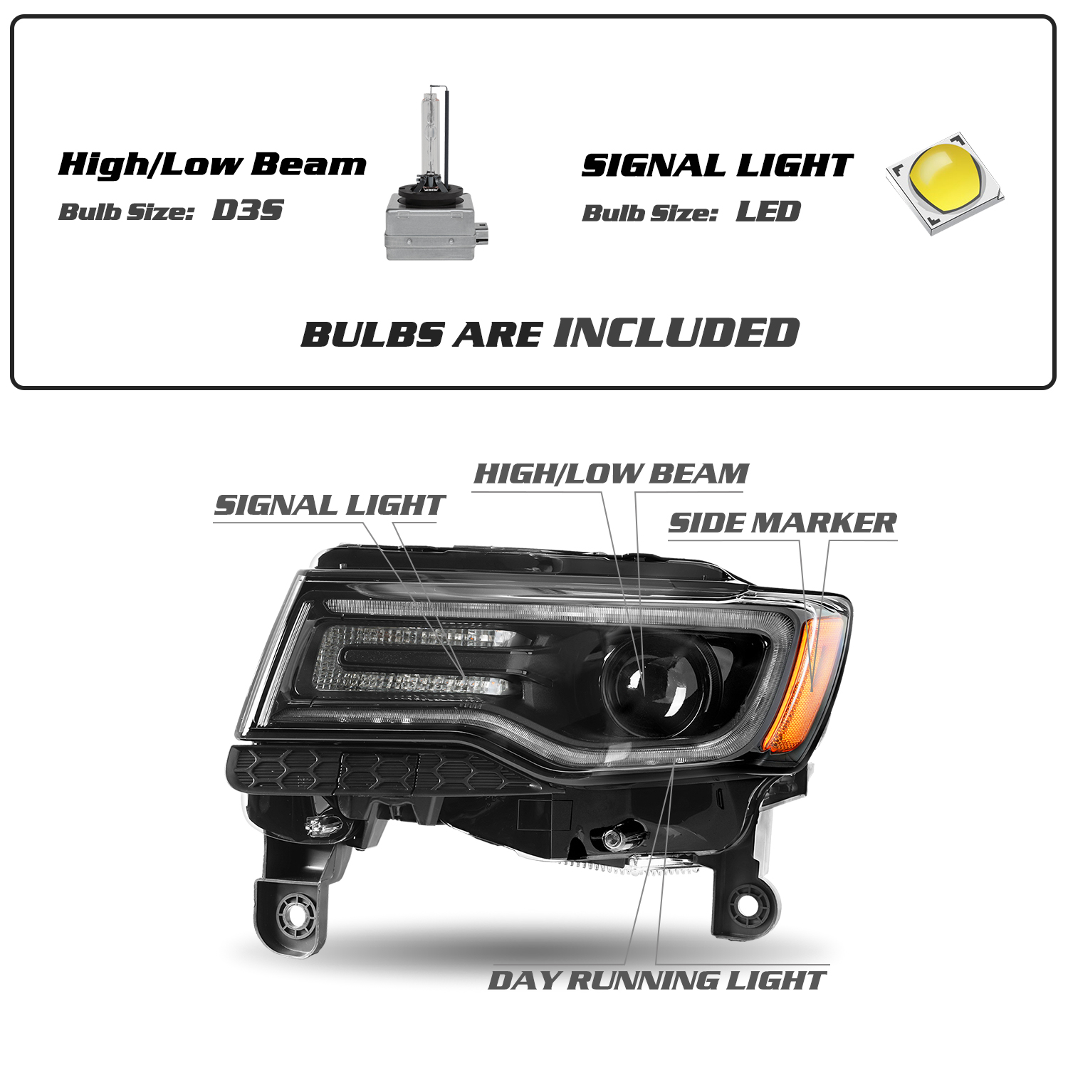 Black Headlights For 2014-2021 Jeep Grand Cherokee w/Bulbs&Ballast HID Lamp LH/RH